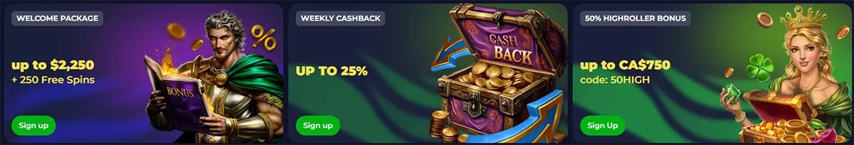Casino bonus banners promoting a welcome package, weekly cashback, and a highroller bonus, featuring illustrated characters, treasure graphics, and green sign-up buttons.