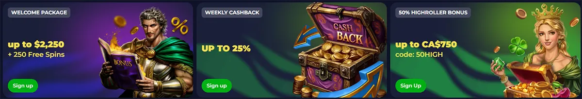 Casino bonus banners promoting a welcome package, weekly cashback, and a highroller bonus, featuring illustrated characters, treasure graphics, and green sign-up buttons.