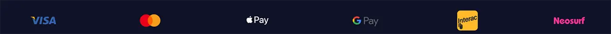 Payment methods strip showing Visa, Mastercard, Apple Pay, Google Pay, Interac, and Neosurf logos on a dark blue background.