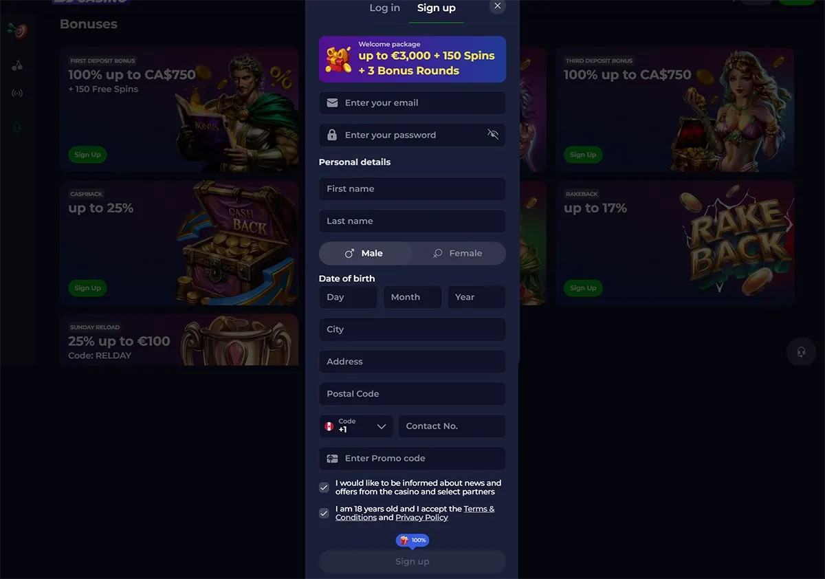 Casino sign-up form overlay with fields for email, password, personal details, date of birth, address, promo code, and terms acceptance, shown over a dark bonus promotions background.