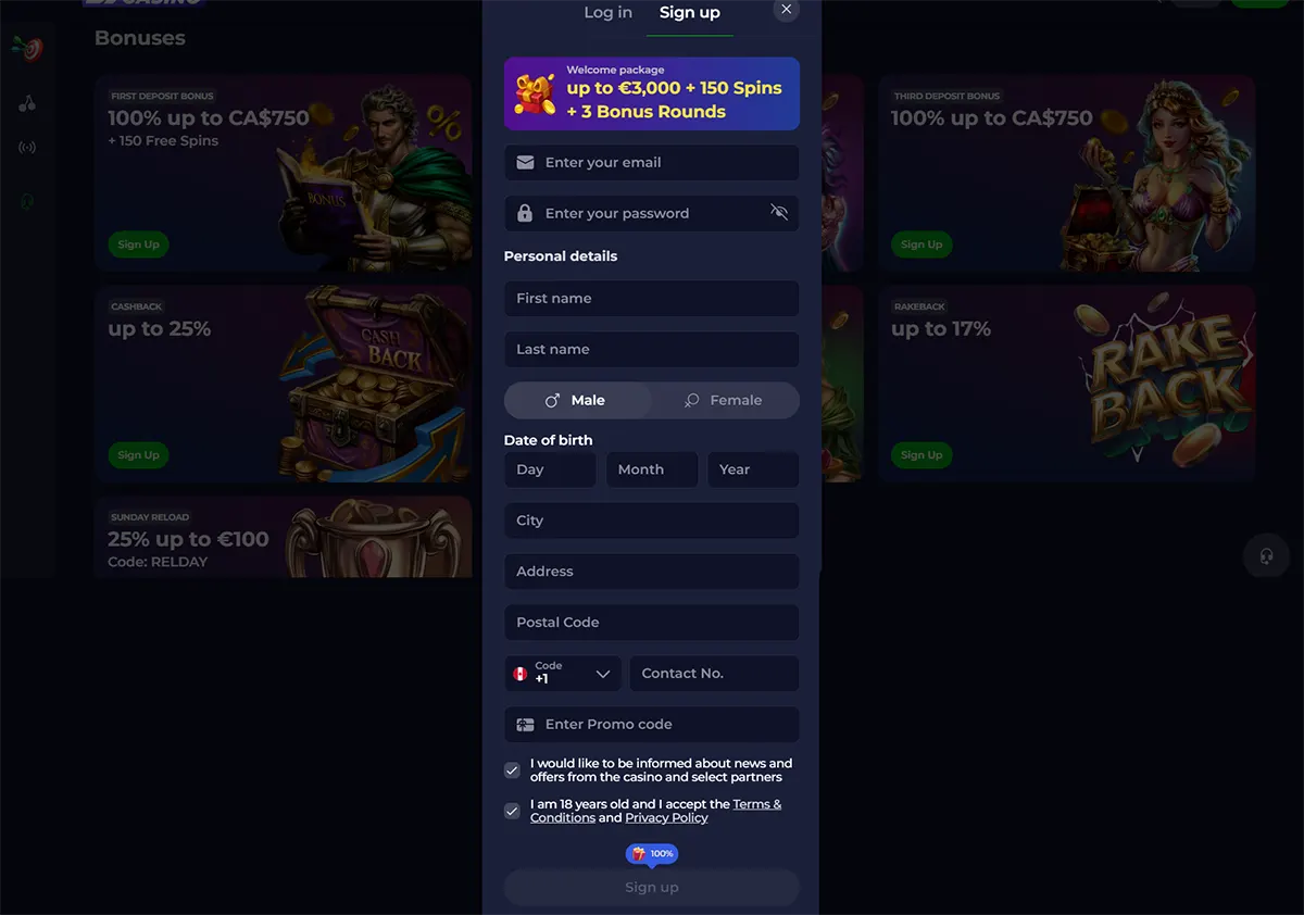 Casino sign-up form overlay with fields for email, password, personal details, date of birth, address, promo code, and terms acceptance, shown over a dark bonus promotions background.
